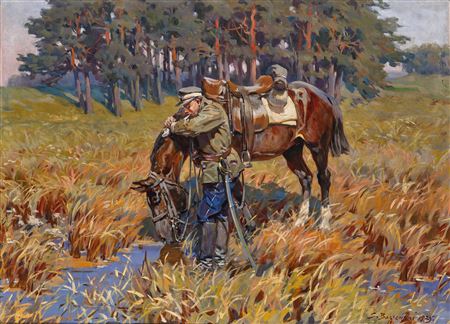 Resting near the Waterhole by Stanislaw Bagienski - Auction record, sale price, and art valuation. Compare with similar artists and explore comparable artworks.