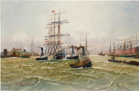 A Three-Master and Sail Boats with the French Flag in the Hamburg Harbour