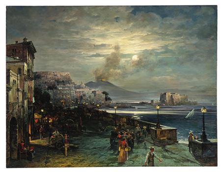 Naples, a Pier at Night with a View of Vesuvius