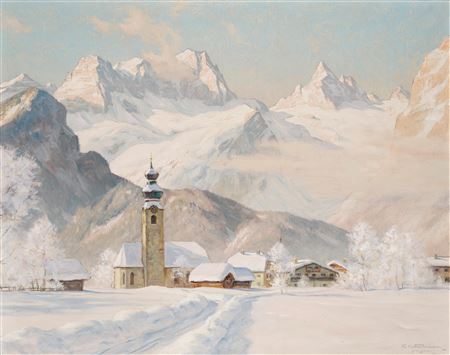 A View of Lofer and the Lofer Mountains in a Snowy Landscape