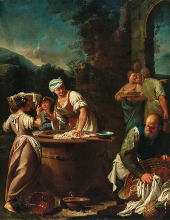 Washerwomen and a bearded man holding a basket
