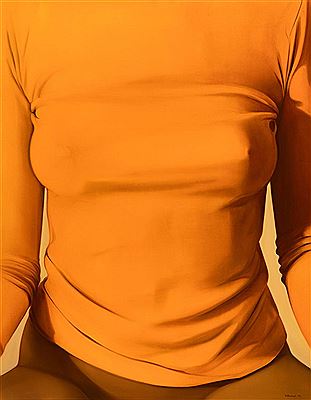 Female torso with orange pullover