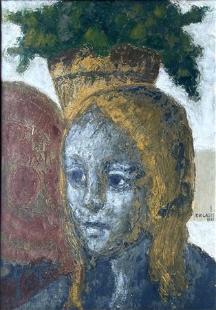 Young woman in bust and flowerpot