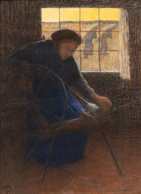 Woman at the spinning wheel with view of the field