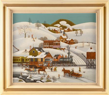 Folk Art-Style View Of A Bustling Village Train Station In Winter