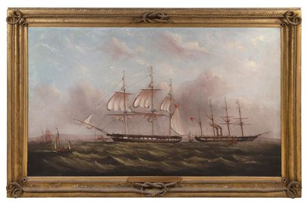 "The East Indiaman Blenheim 1350 tons. Built & Owned by T. & W. Smith of Newcastle 1848, Off Portsmouth Harbour with the S.S. Great Britain 3448 Tons; Messrs Gibbs, Bright & Co., Owners, Outward Bound on Her First Voyage to Australia."