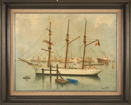 Portrait of a white-hulled vessel, likely the Belgian training ship Mercator.