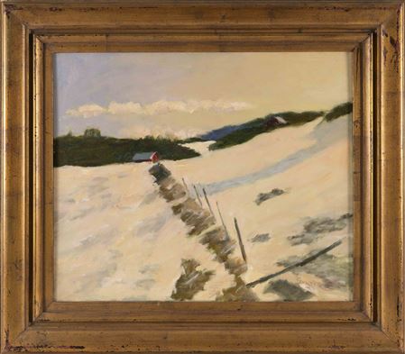 Snow-covered landscape with distant red barn. by Richard Stalter - Auction record, sale price, and art valuation. Compare with similar artists and explore comparable artworks.