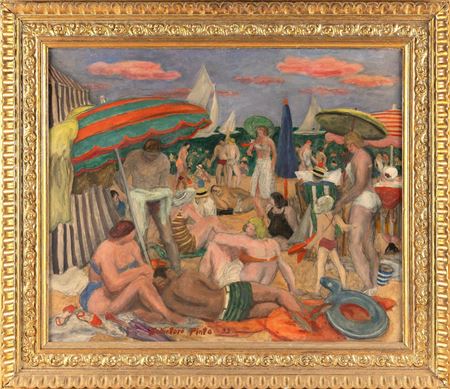 Beach scene with a striped umbrella.