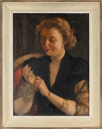 Portrait of a woman putting on a glove.