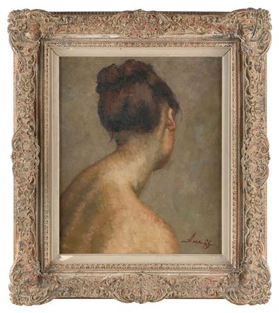 Portrait of a brown-haired woman with her back toward the viewer.