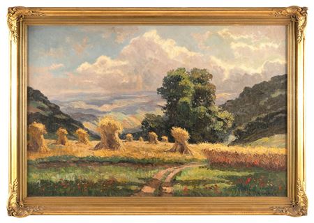 Haystacks in rolling farmlands.