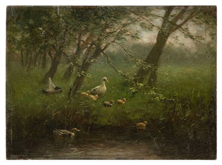 Ducks by a pond.