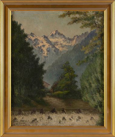 Mountainous landscape with rushing stream and house.
