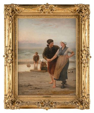 Beach scene with a couple holding hands walking past children playing with a toy sailboat.