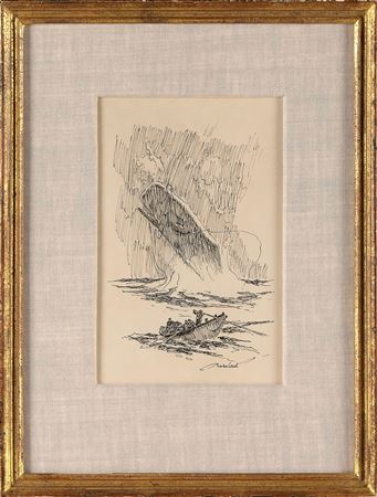 A whaleboat approaching a breaching sperm whale.
