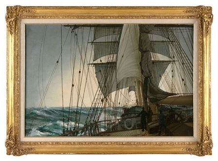 Deck view of four figures on a ship sailing through moderate seas.