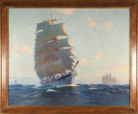 A three-masted ship on a reach