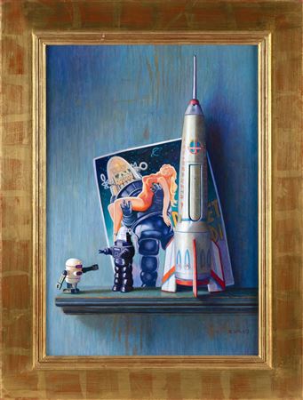 "Remembering Mama", a still life of toy figures on a shelf.