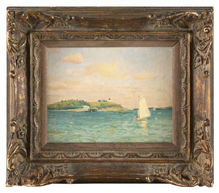Seascape with a small vessel off a lighthouse.