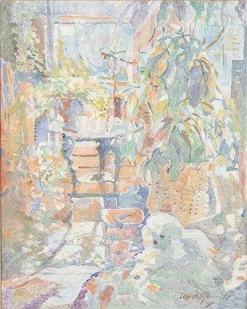 Patio with Dog, 1979 by Myrtle Jones - Auction record, sale price, and art valuation. Compare with similar artists and explore comparable artworks.