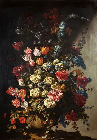 Flowers in a vase decorated with putti