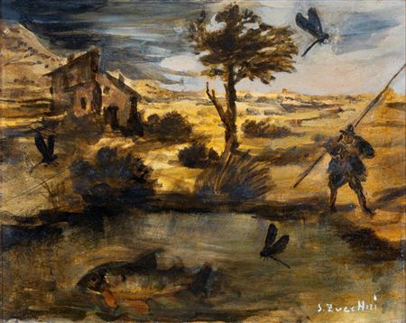 Big fish, fisherman and dragonflies in the landscape