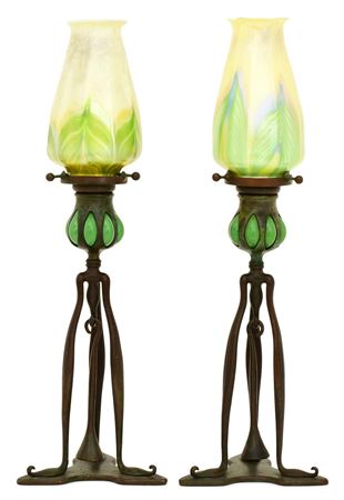 Pair of Tiffany Studios Blown Glass Candlesticks with "Pulled Feather" Shades