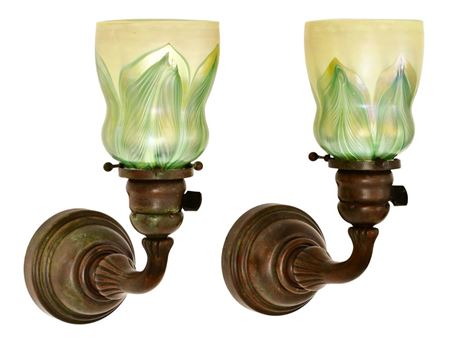 Pair of Tiffany Studios "Pulled Feather" Sconces