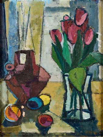 Still life. Interior with bouquet of tulips in a glass vase, next to it ceramic jug arranged with apples and a lemon.