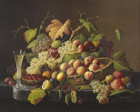 Still Life with Fruit and Champagne on a Marble Ledge