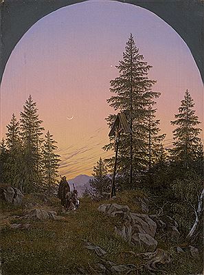 Evening mood in the mountains with pilgrims at a wayside cross.