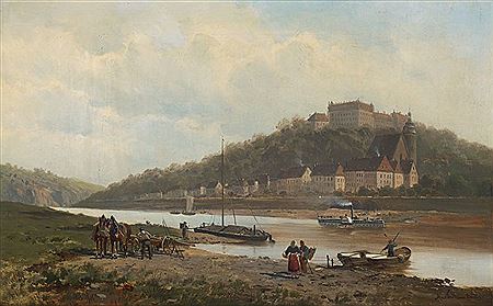 View across the Elbe to Sonnenstein Castle and the town church of St. Mary, on the Elbe a paddle steamer of the "White Fleet".