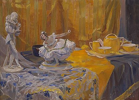 Harlequin and Columbine (still life with porcelain figures and tea service). by Paula Von Waechter - Auction record, sale price, and art valuation. Compare with similar artists and explore comparable artworks.