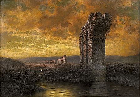 Roman Campagna with aqueduct in the twilight.