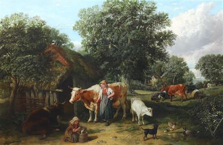 FARM SCENE WITH FIGURES AND OXEN