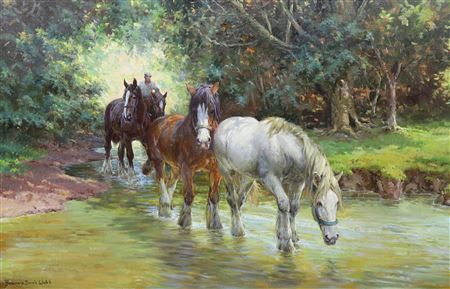 HORSES CROSSING A STREAM