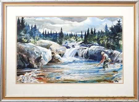 Trout fisherman in northern woods pool.