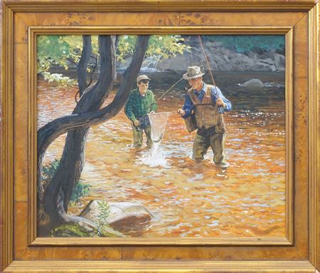 Illustration of a father and son landing a trout while fly fishing.