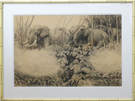 Hunters and a guide near a herd of elephant.
