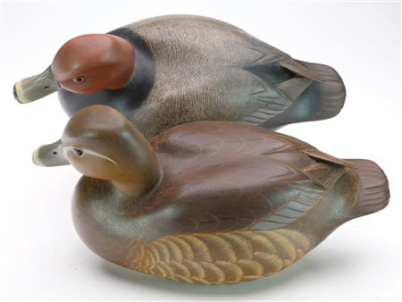 Excellent pair of redheads with raised, crossed wingtips and relief feather carving.