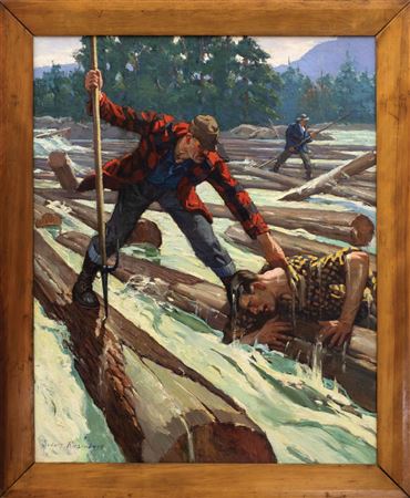 Pulp illustration of a logger helping another out on a log drive