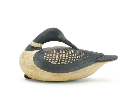 Miniature preening loon with relief wing carving