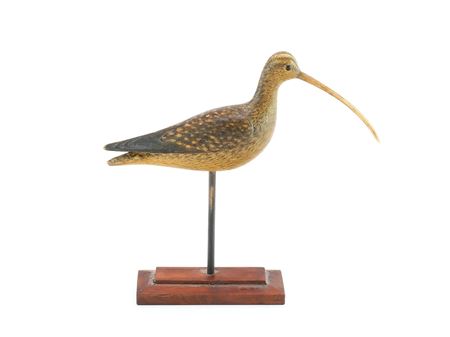 Miniature curlew with relief wing feather carving and curved bone bill
