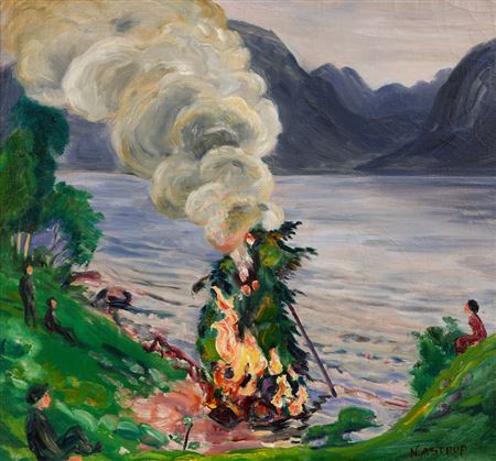 Midsummer Bonfire by Jølstervannet by Nikolai Astrup - Auction record, sale price, and art valuation. Compare with similar artists and explore comparable artworks.