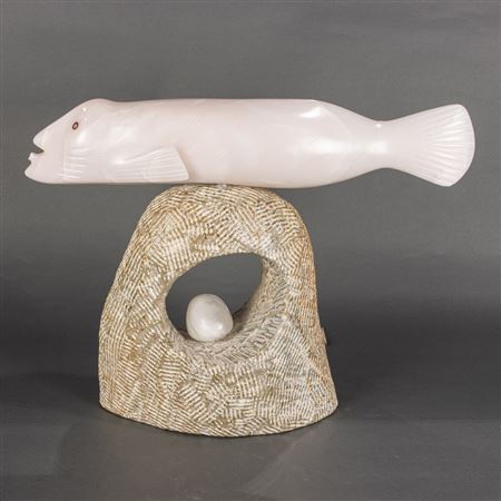MAN TRANSFORMING INTO A SEAL RAISED ON ABSTRACT PLINTH