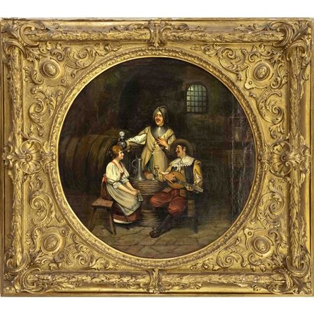 Two costumed gentlemen serenading the landlady in the wine cellar by Carl Fey - Auction record, sale price, and art valuation. Compare with similar artists and explore comparable artworks.