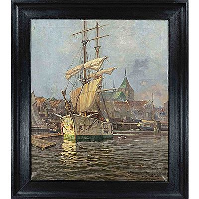 Large view of Rostock harbor with a view of St. Mary's Church