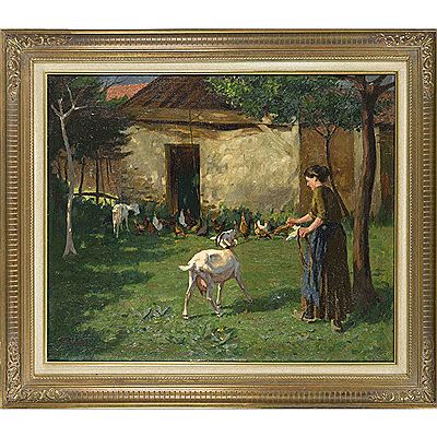 Farmyard idyll with a maid trying to tame a stubborn goat
