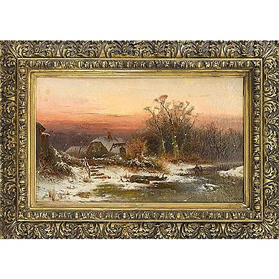 Winter landscape in atmospheric sunset with brushwood gatherers